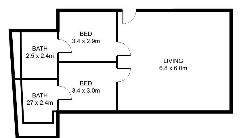Pool Suite floor plan: two bedrooms, two bathrooms and a 6.8 by 6.0 metre living room