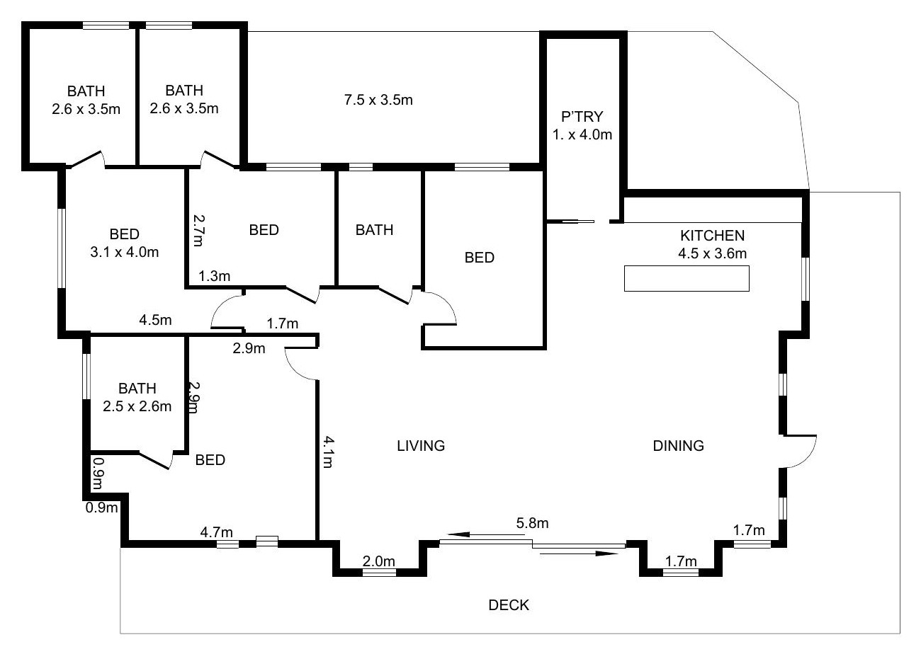 Signature Villa floor plan: four bedrooms, four bathrooms, kitchen, living and dining opening to the deck