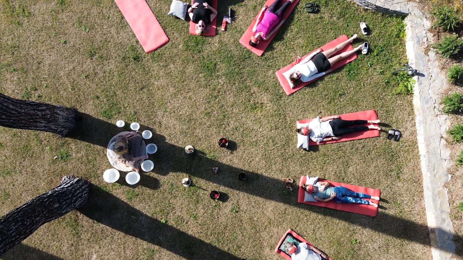 Yoga on the lawn, from above