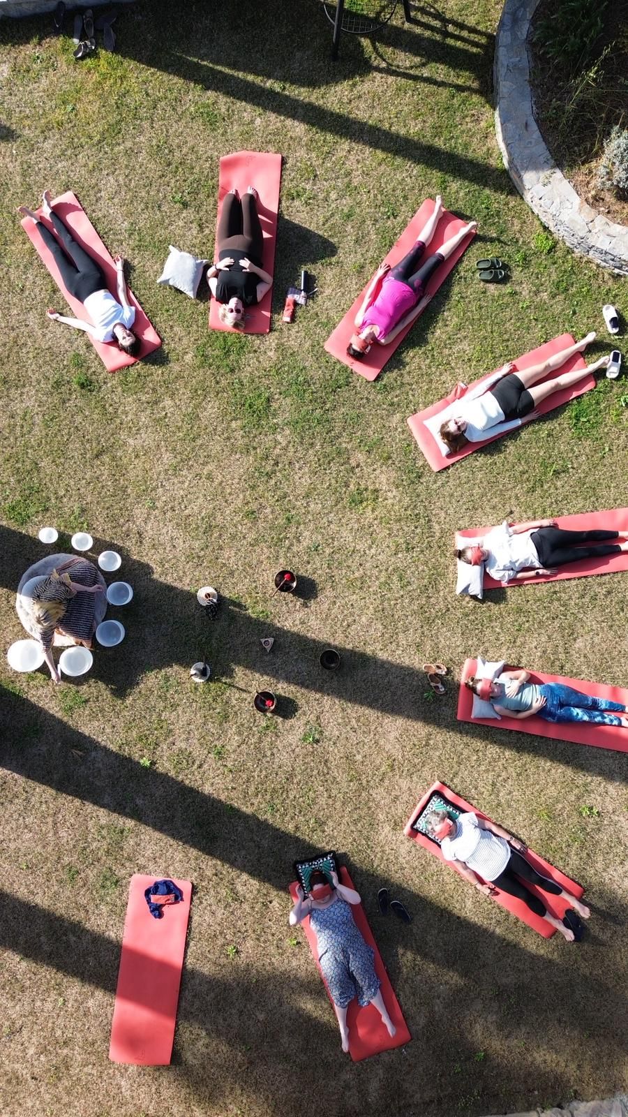 Yoga mats on the lawn from above